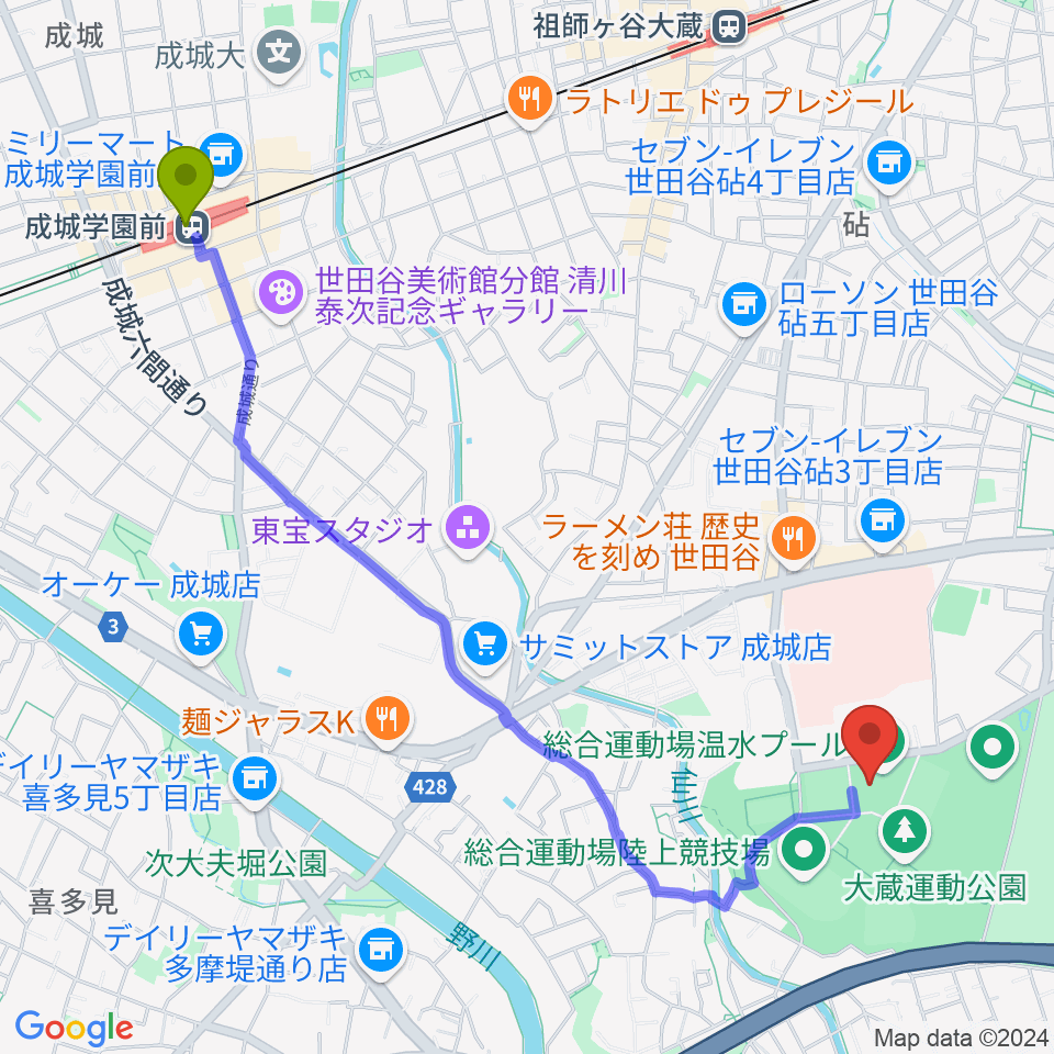 成城学園前駅から世田谷区立総合運動場温水プールへのルートマップ地図