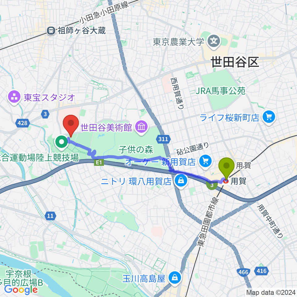 用賀駅から世田谷区立総合運動場温水プールへのルートマップ地図