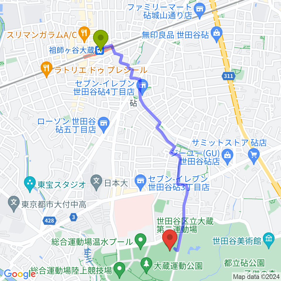 大蔵第二運動場体育館の最寄駅祖師ヶ谷大蔵駅からの徒歩ルート（約23分）地図
