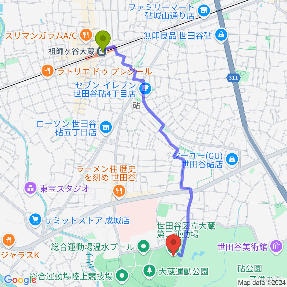 大蔵第二運動場体育館の最寄駅祖師ヶ谷大蔵駅からの徒歩ルート（約23分）地図