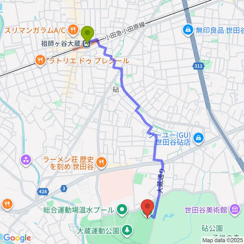 大蔵第二運動場体育館の最寄駅祖師ヶ谷大蔵駅からの徒歩ルート（約23分）地図