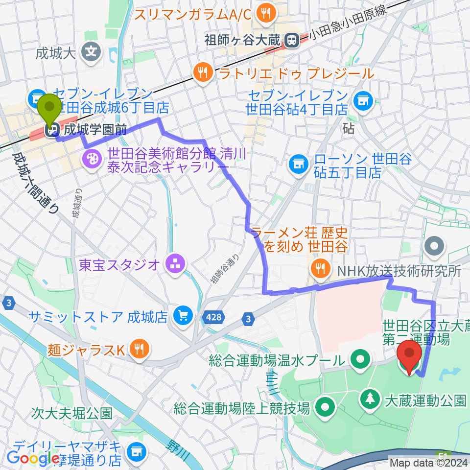 成城学園前駅から大蔵第二運動場体育館へのルートマップ地図