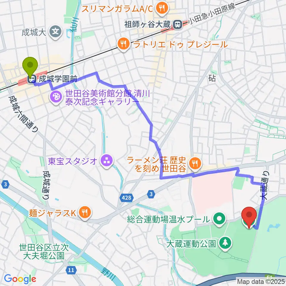 成城学園前駅から大蔵第二運動場体育館へのルートマップ地図