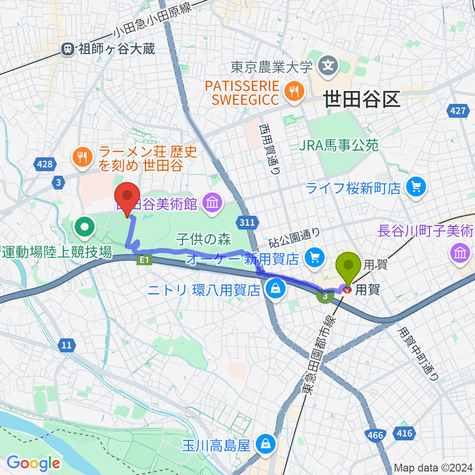 用賀駅から大蔵第二運動場体育館へのルートマップ地図