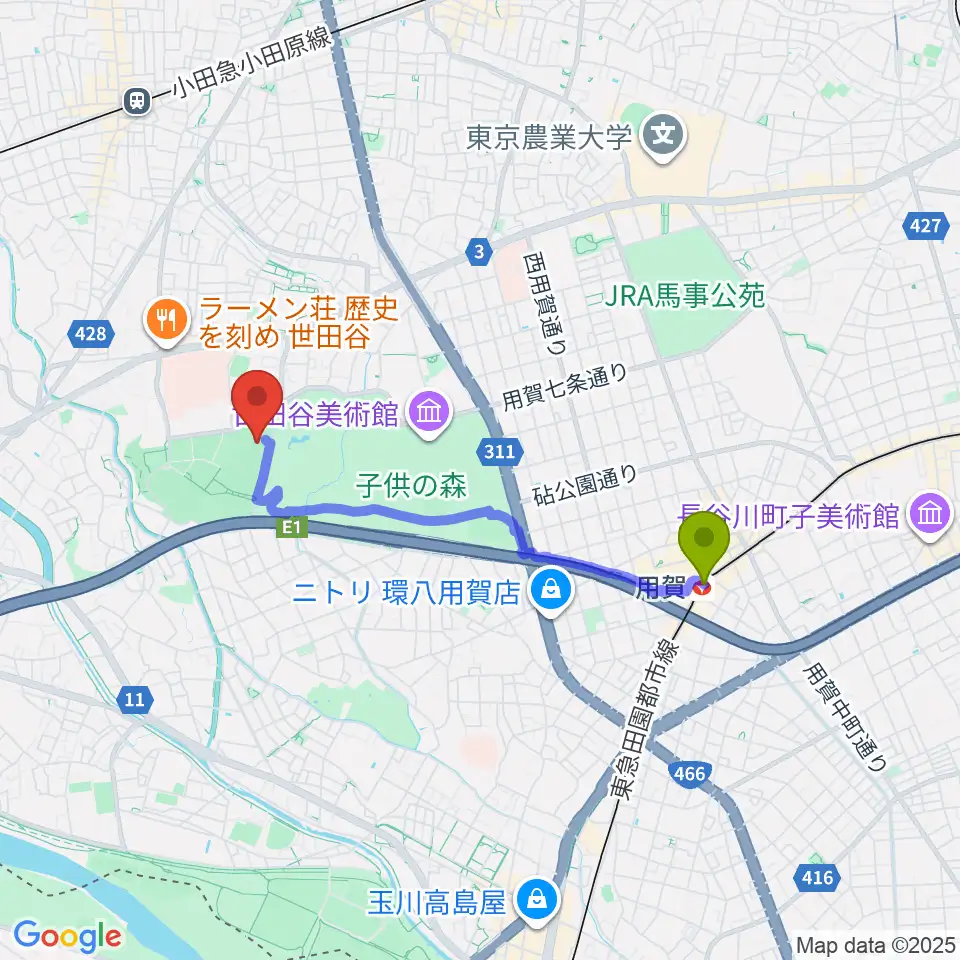 用賀駅から大蔵第二運動場体育館へのルートマップ地図
