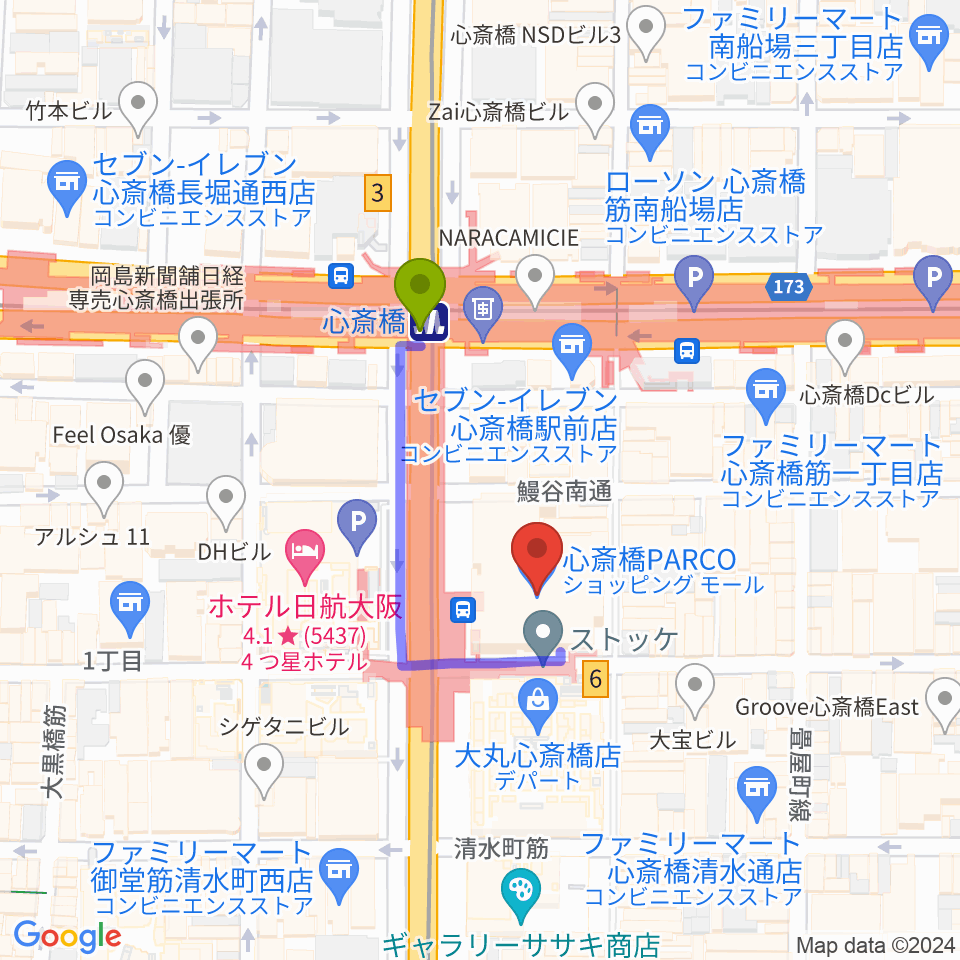 心斎橋パルコSPACE14の最寄駅心斎橋駅からの徒歩ルート（約2分）地図