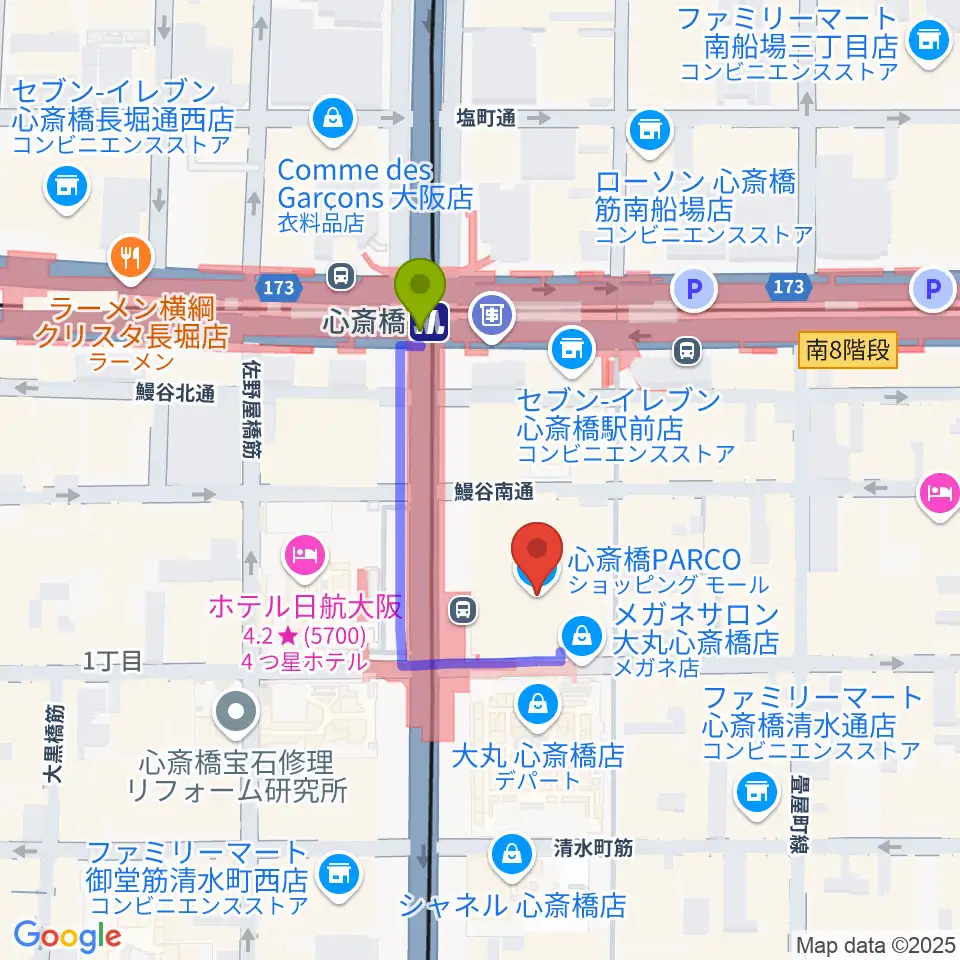 心斎橋パルコSPACE14の最寄駅心斎橋駅からの徒歩ルート（約2分）地図