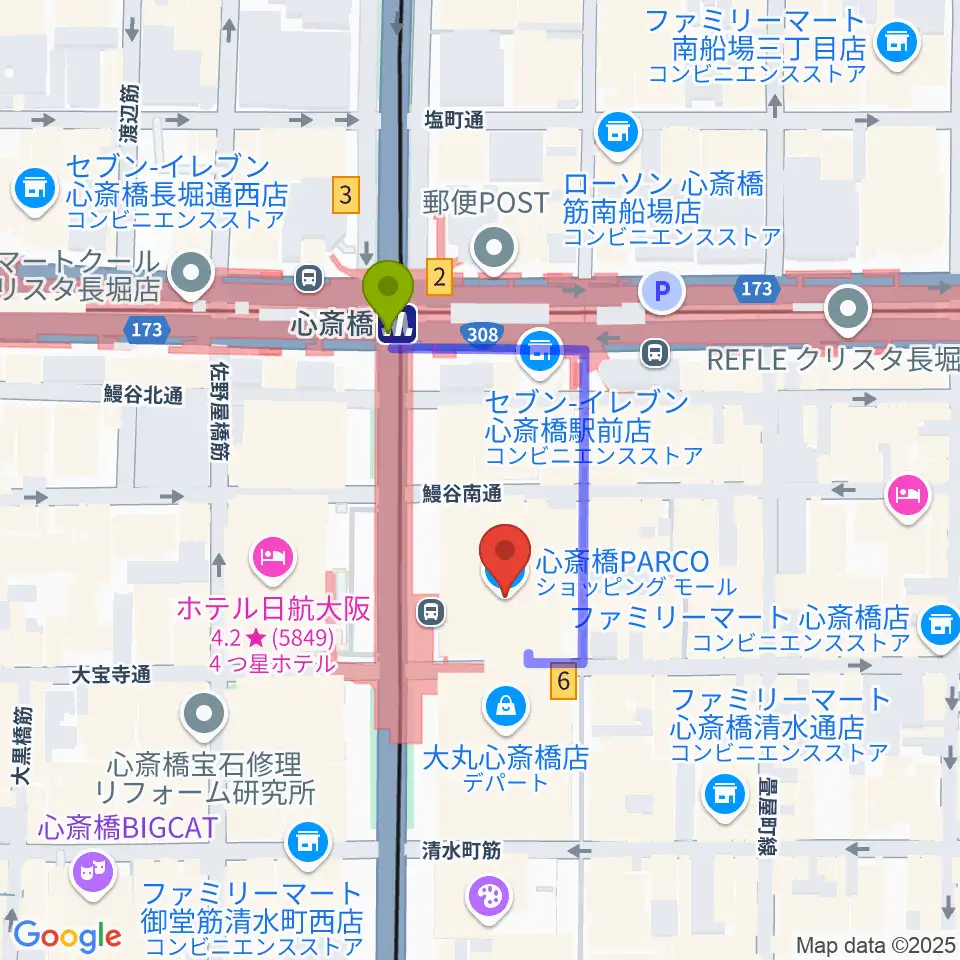 心斎橋パルコSPACE14の最寄駅心斎橋駅からの徒歩ルート（約2分）地図
