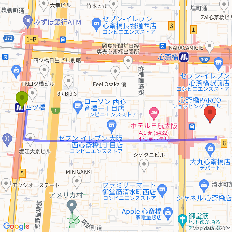 四ツ橋駅から心斎橋パルコSPACE14へのルートマップ地図