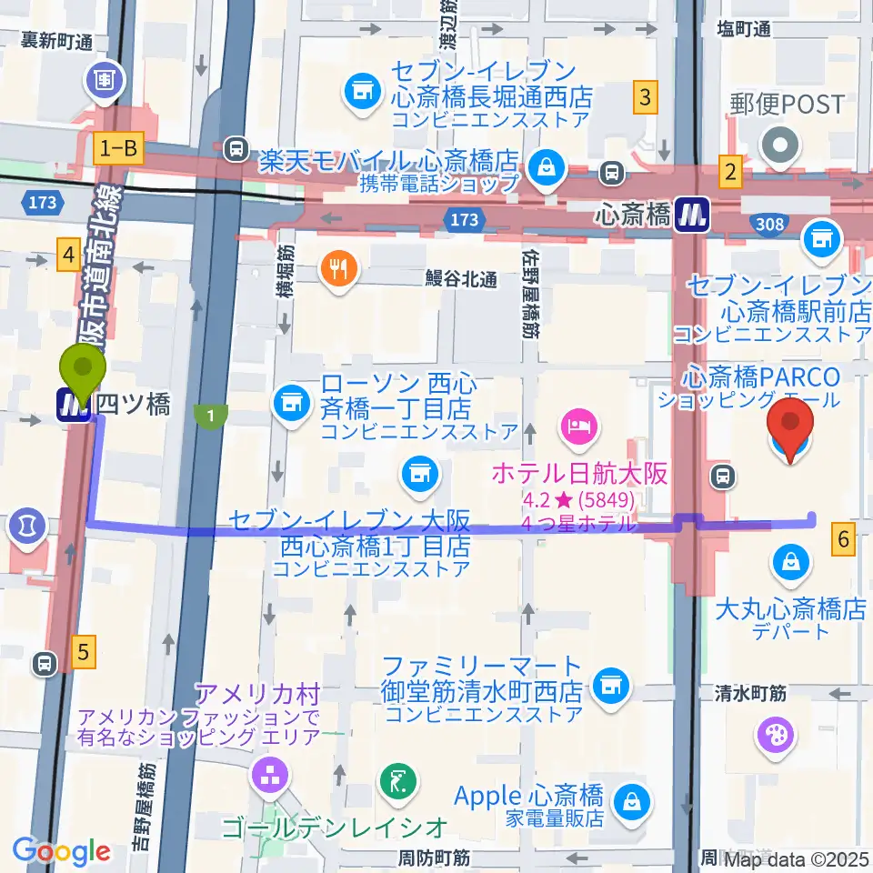 四ツ橋駅から心斎橋パルコSPACE14へのルートマップ地図
