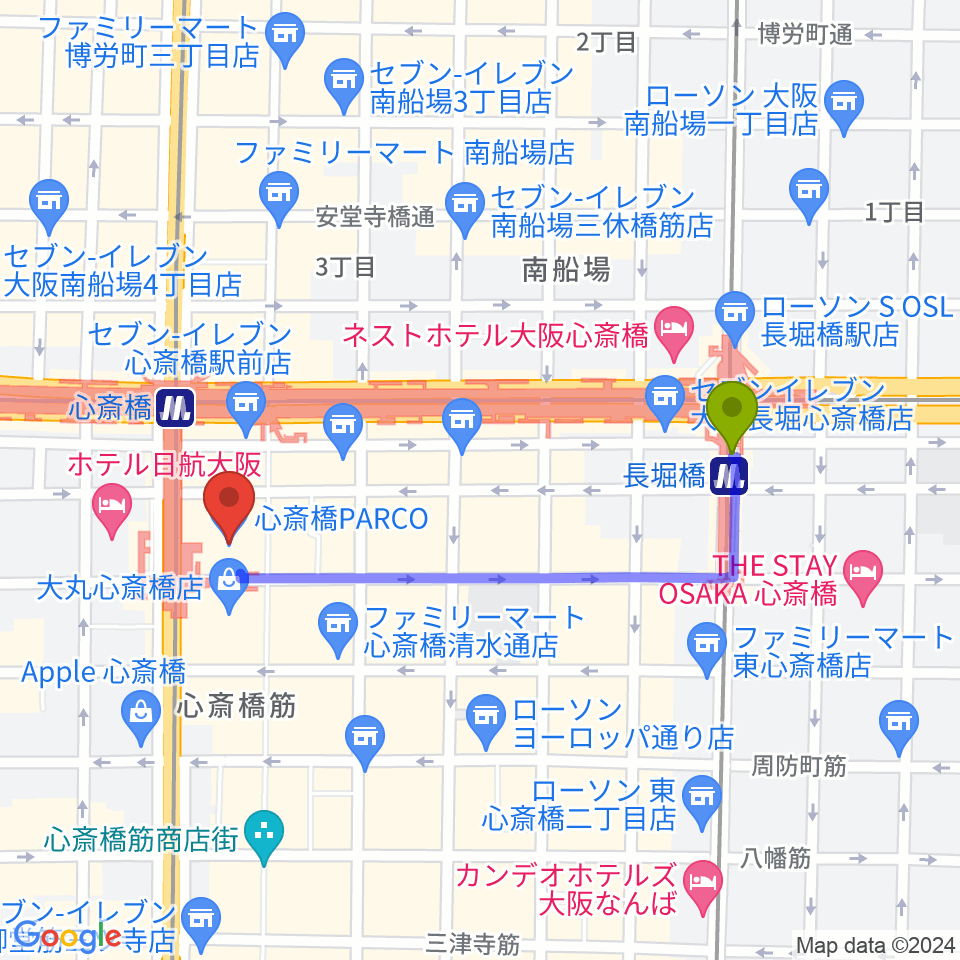 長堀橋駅から心斎橋パルコSPACE14へのルートマップ地図