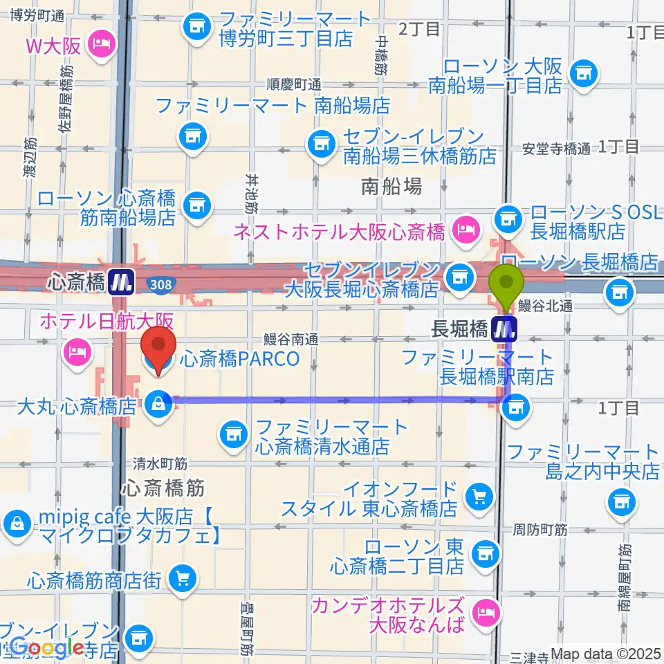 長堀橋駅から心斎橋パルコSPACE14へのルートマップ地図