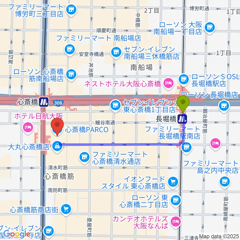 長堀橋駅から心斎橋パルコSPACE14へのルートマップ地図