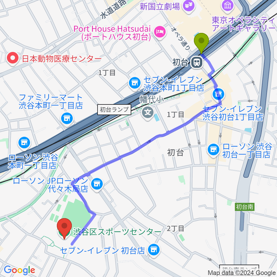 初台駅から渋谷区スポーツセンターへのルートマップ地図