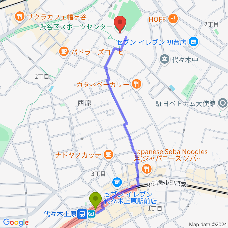 代々木上原駅から渋谷区スポーツセンターへのルートマップ地図