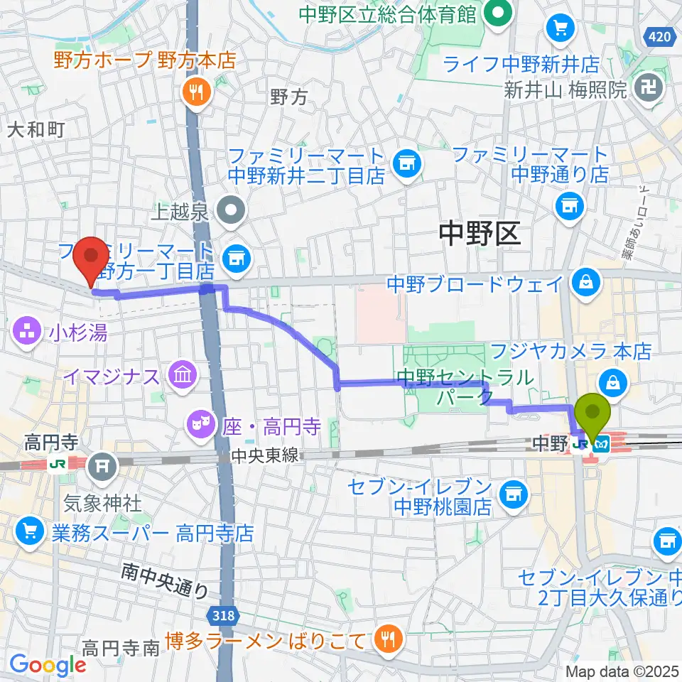 中野駅からソニックバンドスタジオへのルートマップ地図