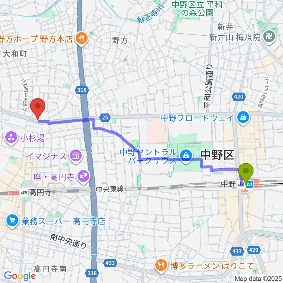 中野駅からソニックバンドスタジオへのルートマップ地図