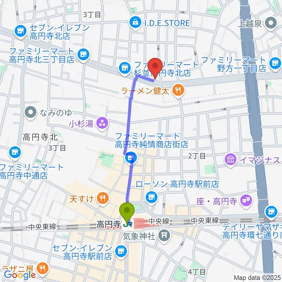 ソニックバンドスタジオの最寄駅高円寺駅からの徒歩ルート（約8分）地図