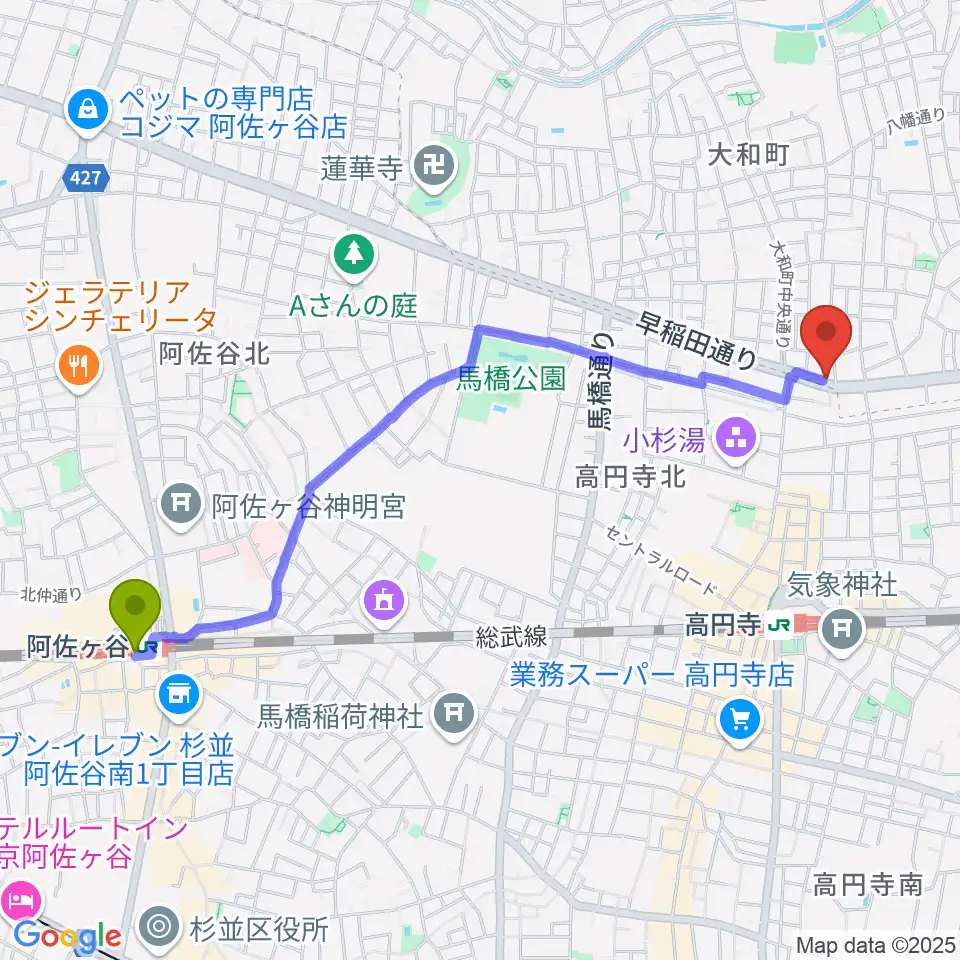 阿佐ケ谷駅からソニックバンドスタジオへのルートマップ地図