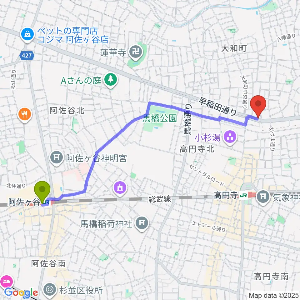 阿佐ケ谷駅からソニックバンドスタジオへのルートマップ地図