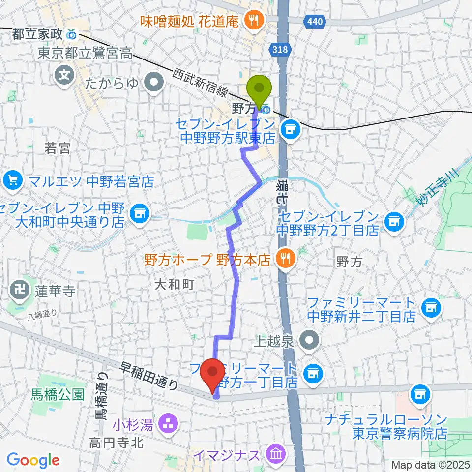 野方駅からソニックバンドスタジオへのルートマップ地図