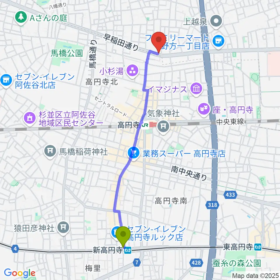 新高円寺駅からソニックバンドスタジオへのルートマップ地図