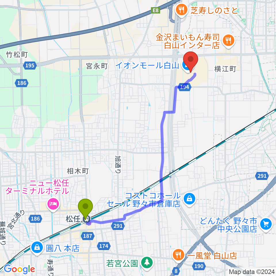 松任駅からイオンシネマ白山へのルートマップ地図