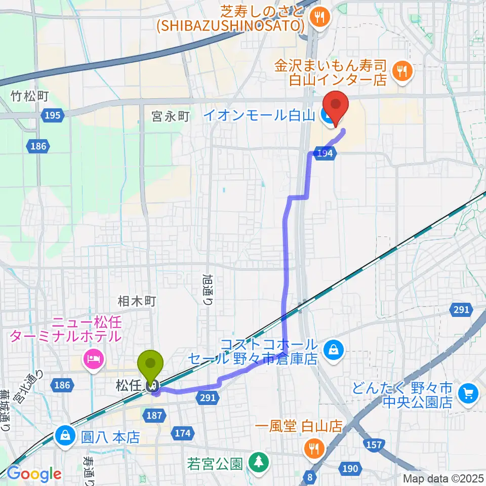 松任駅からイオンシネマ白山へのルートマップ地図