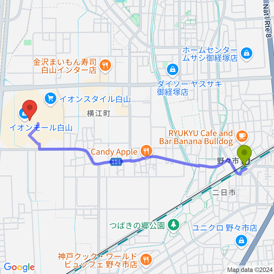 イオンシネマ白山の最寄駅野々市駅からの徒歩ルート（約25分）地図