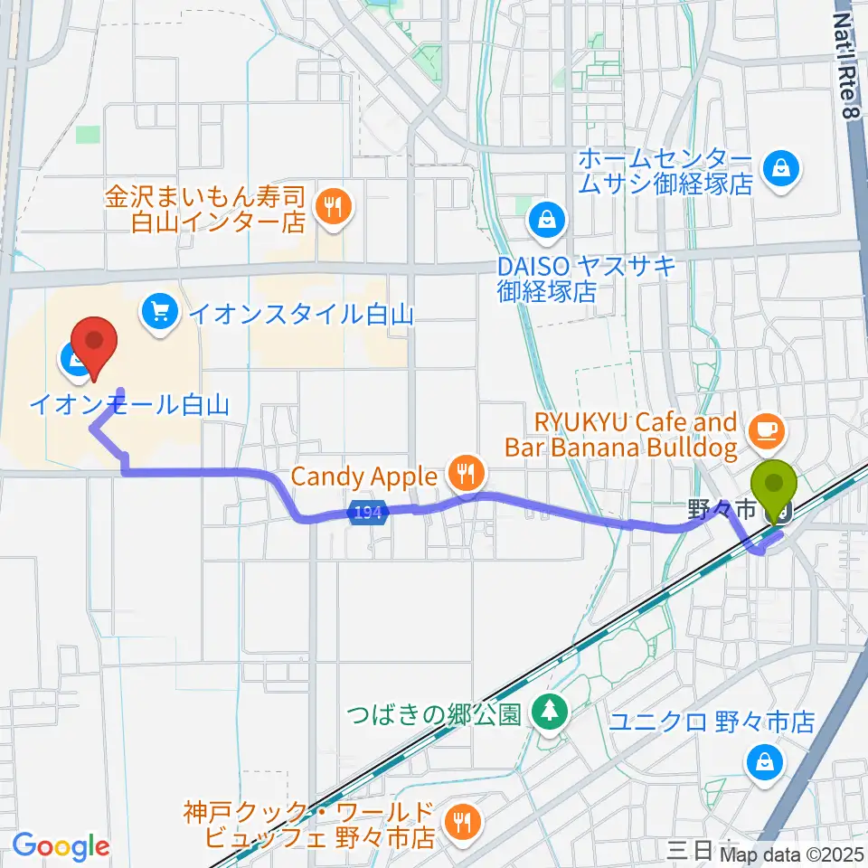 イオンシネマ白山の最寄駅野々市駅からの徒歩ルート（約25分）地図