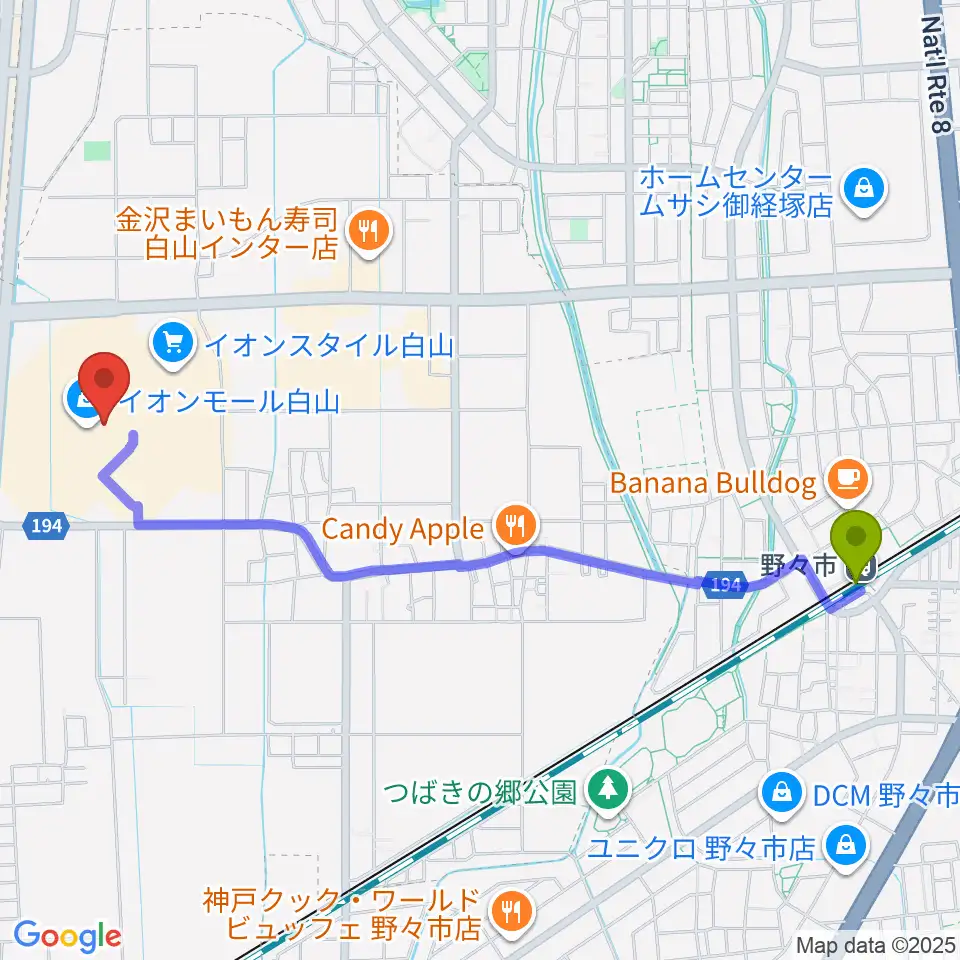 イオンシネマ白山の最寄駅野々市駅からの徒歩ルート（約25分）地図