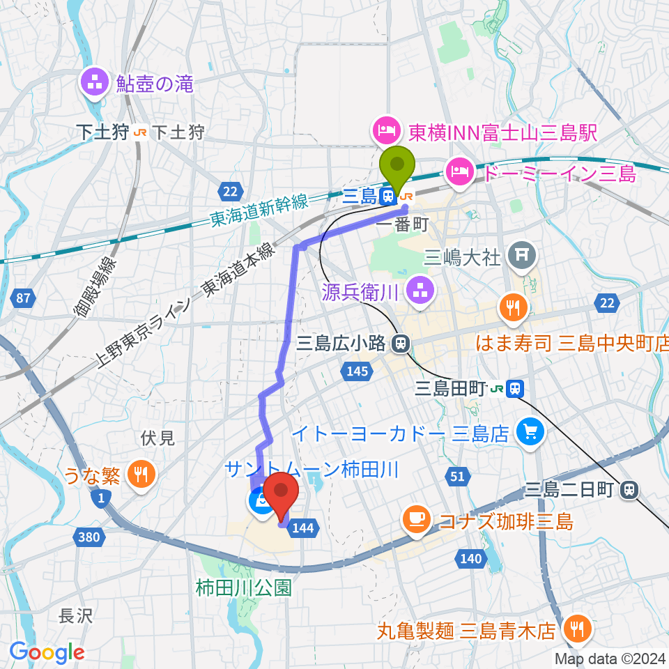 三島駅からシネプラザサントムーンへのルートマップ地図