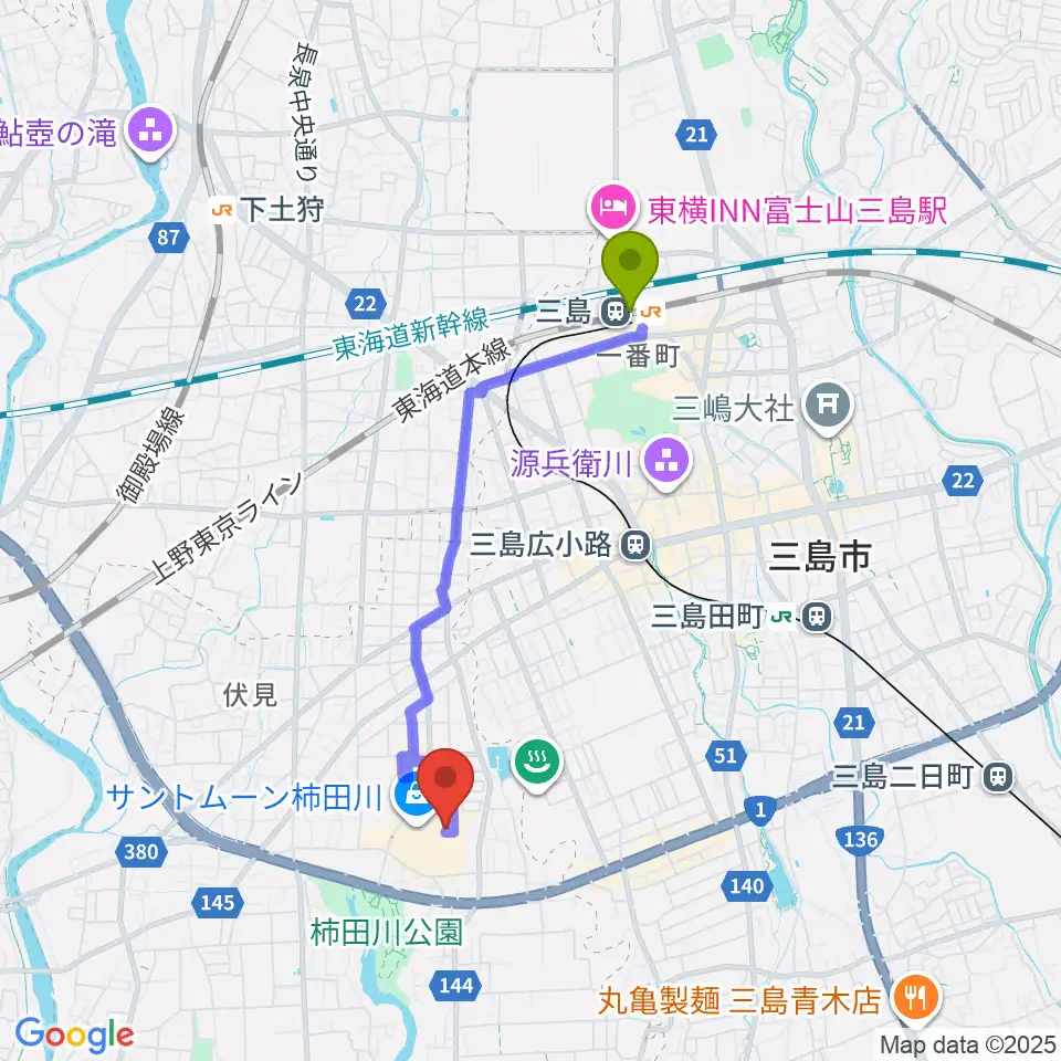 三島駅からシネプラザサントムーンへのルートマップ地図