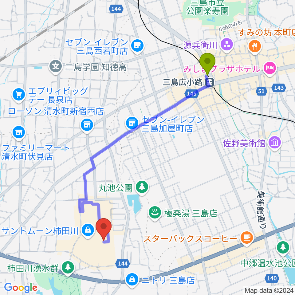 シネプラザサントムーンの最寄駅三島広小路駅からの徒歩ルート（約21分）地図