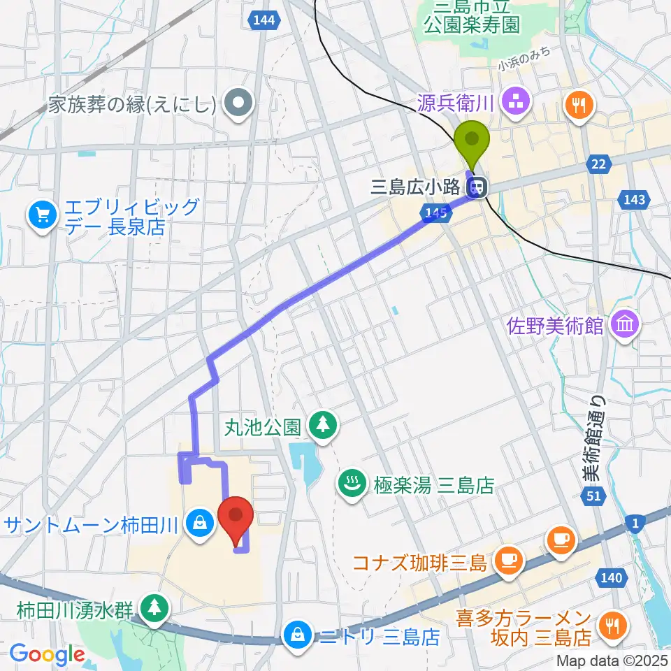 シネプラザサントムーンの最寄駅三島広小路駅からの徒歩ルート（約21分）地図