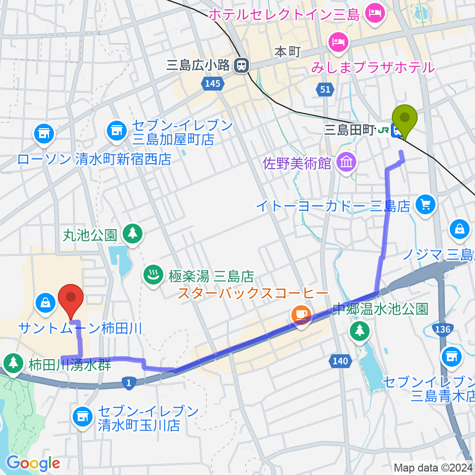 三島田町駅からシネプラザサントムーンへのルートマップ地図