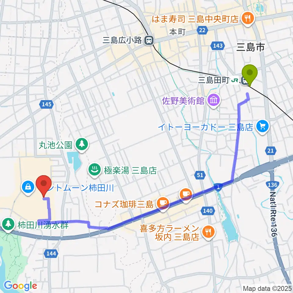 三島田町駅からシネプラザサントムーンへのルートマップ地図