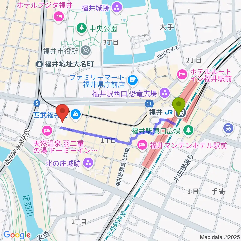 福井駅からテアトルサンクへのルートマップ地図