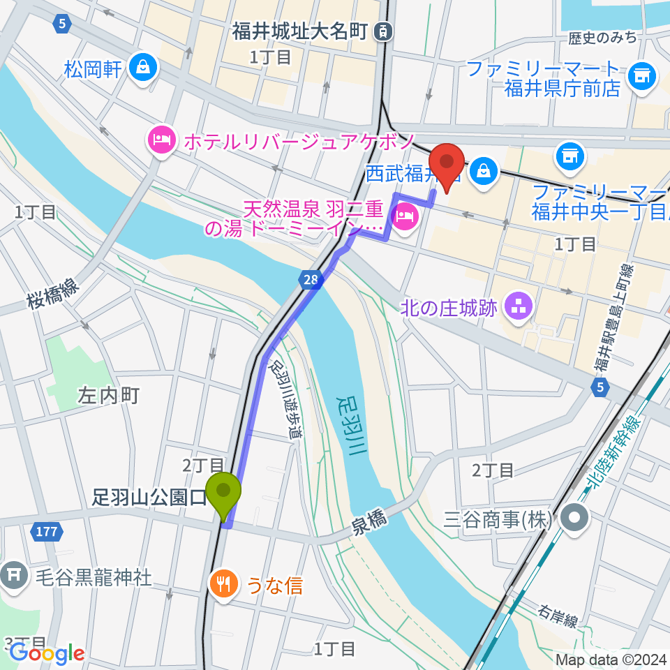 足羽山公園口駅からテアトルサンクへのルートマップ地図