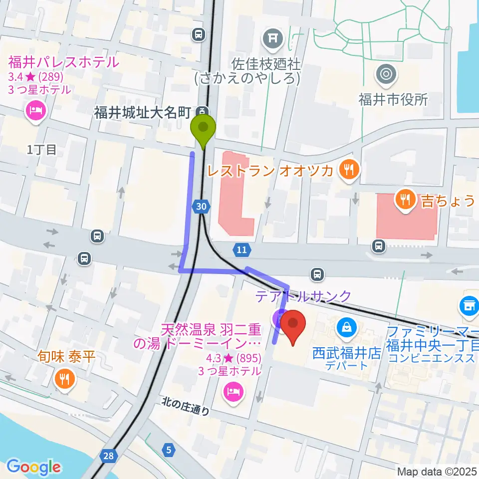 テアトルサンクの最寄駅福井城址大名町駅からの徒歩ルート（約3分）地図