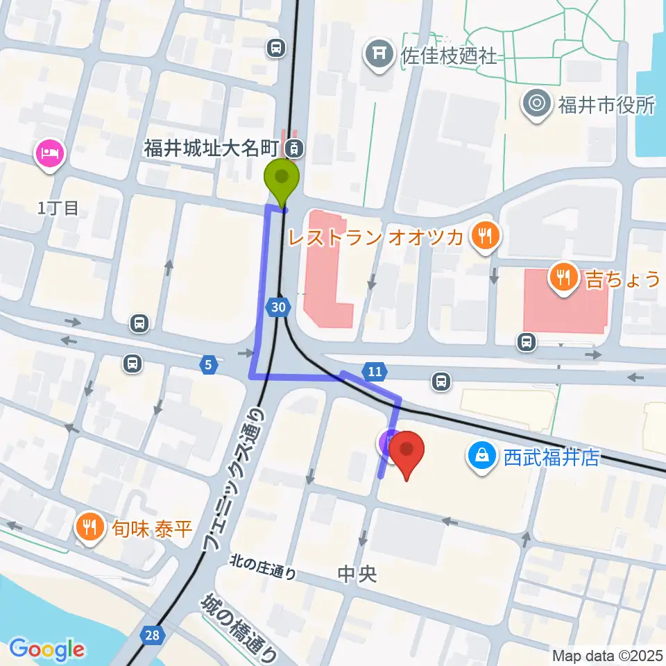 テアトルサンクの最寄駅福井城址大名町駅からの徒歩ルート（約3分）地図