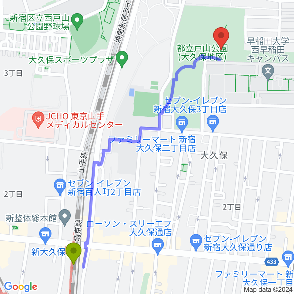 新大久保駅から新宿スポーツセンターへのルートマップ地図