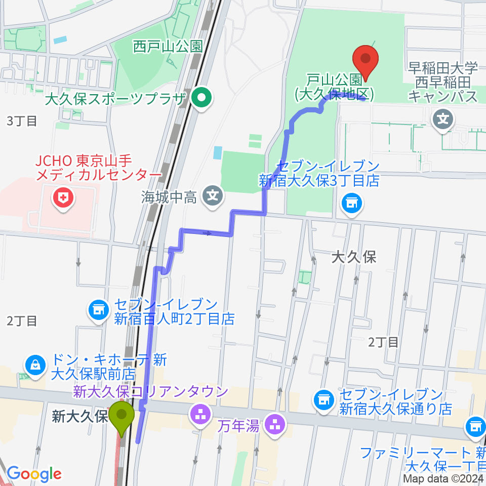 新大久保駅から新宿スポーツセンターへのルートマップ地図