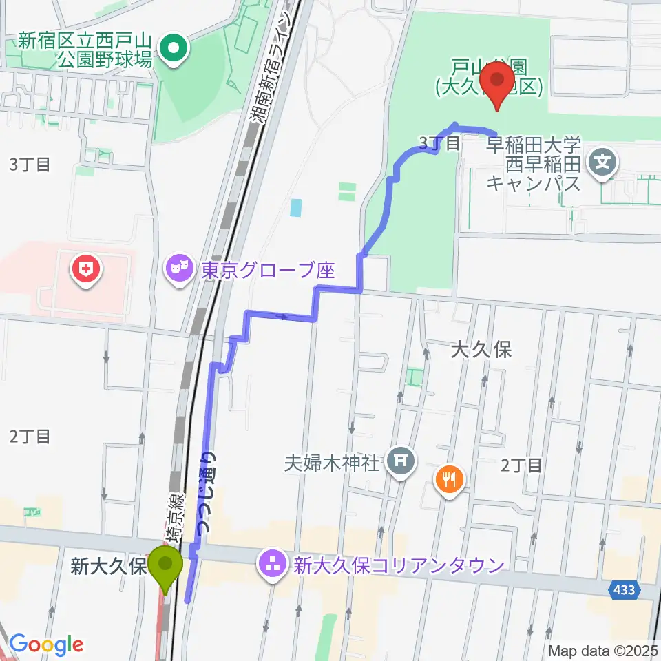 新大久保駅から新宿スポーツセンターへのルートマップ地図