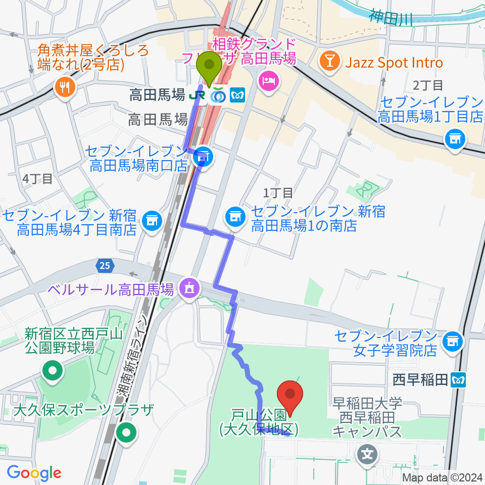 高田馬場駅から新宿スポーツセンターへのルートマップ地図