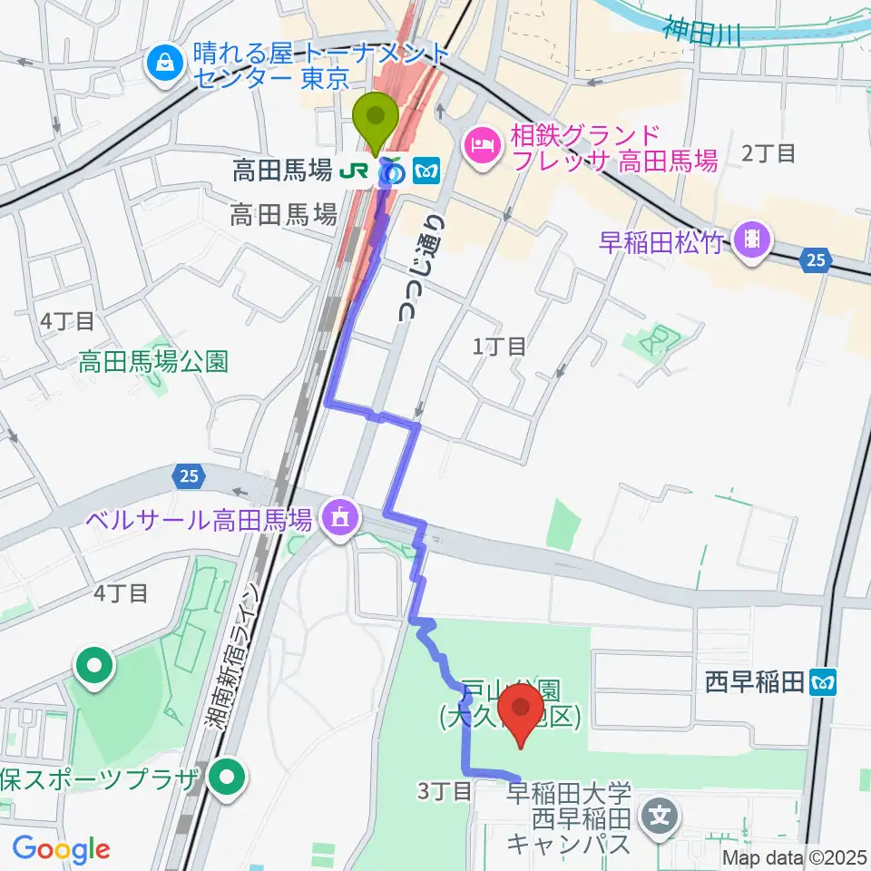 高田馬場駅から新宿スポーツセンターへのルートマップ地図