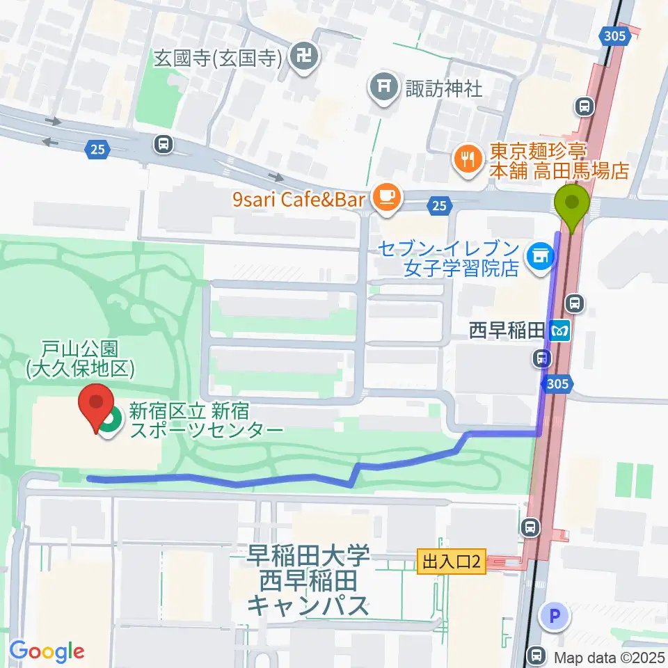 新宿スポーツセンターの最寄駅西早稲田駅からの徒歩ルート（約6分）地図
