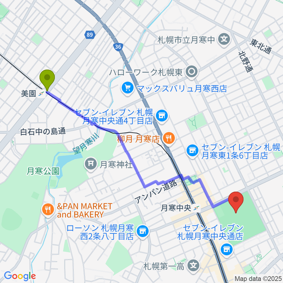 美園駅から月寒屋外競技場へのルートマップ地図