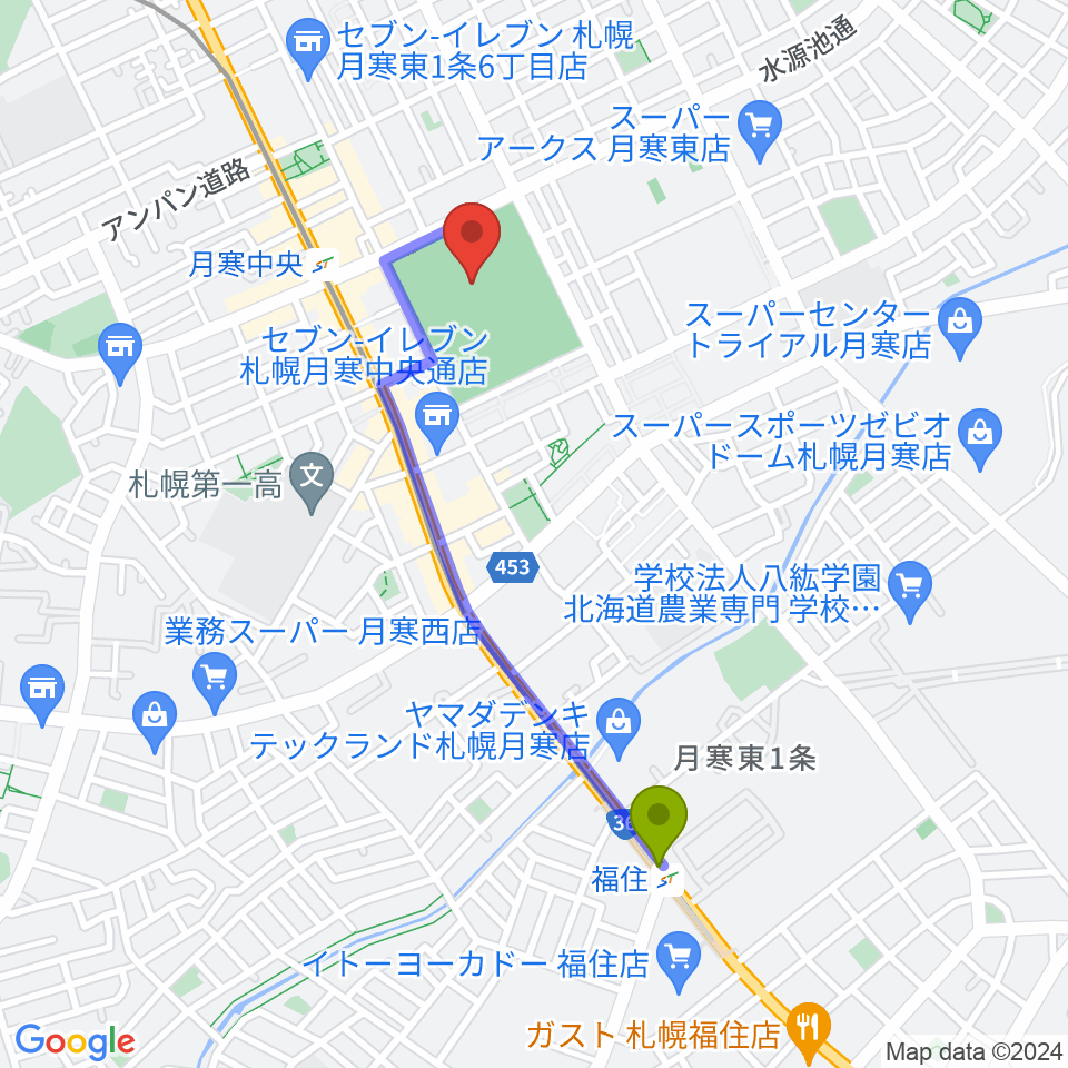 福住駅から月寒屋外競技場へのルートマップ地図
