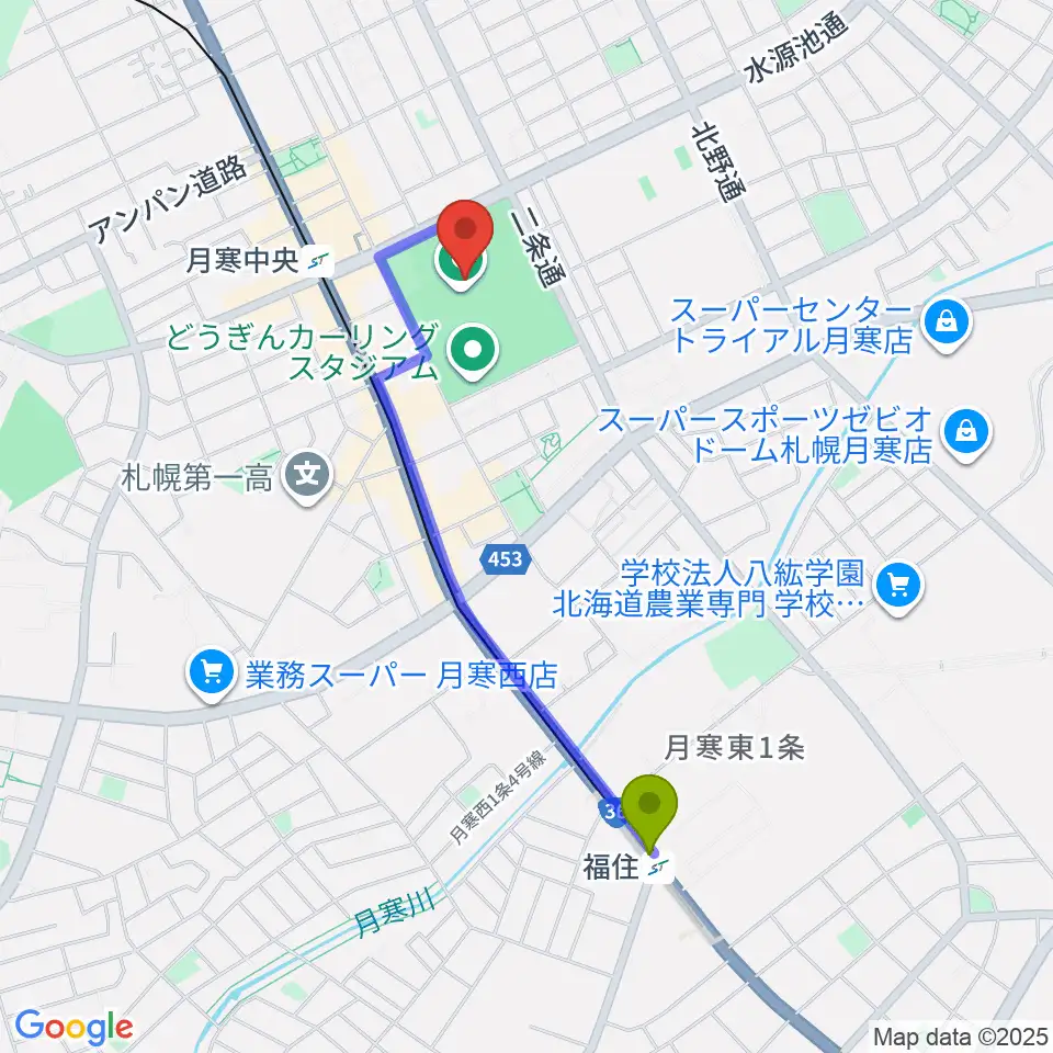福住駅から月寒屋外競技場へのルートマップ地図
